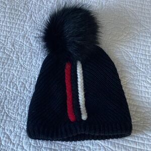 Black Knit Beanie with Pom Pom and red/white stripe accent